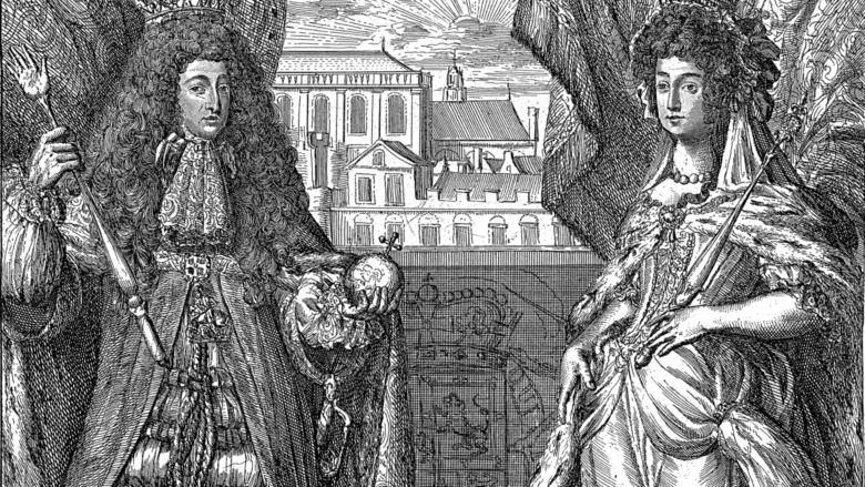 ink drawing of King William III and Queen Mary II in front of castle