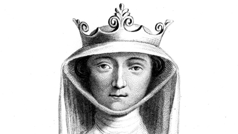 ink image of Isabella of France wearing headdress