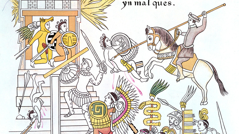 spaniards attacking aztecs illustration