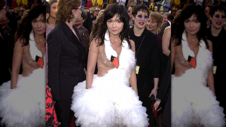 Bjork wearing swan dress at event