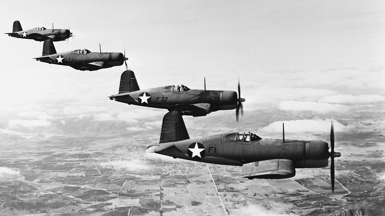 World War II corsairs flying in formation