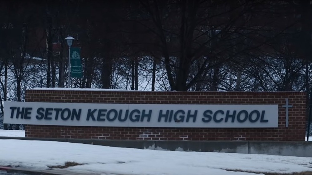 seton keough high school sign with snow