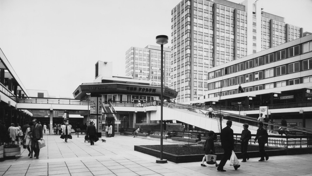 shopping center with tall buildings 