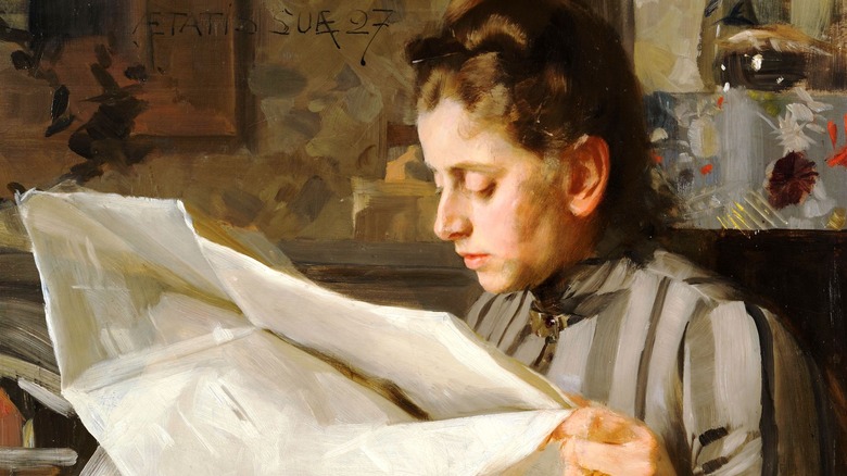 Painting of woman reading newspaper