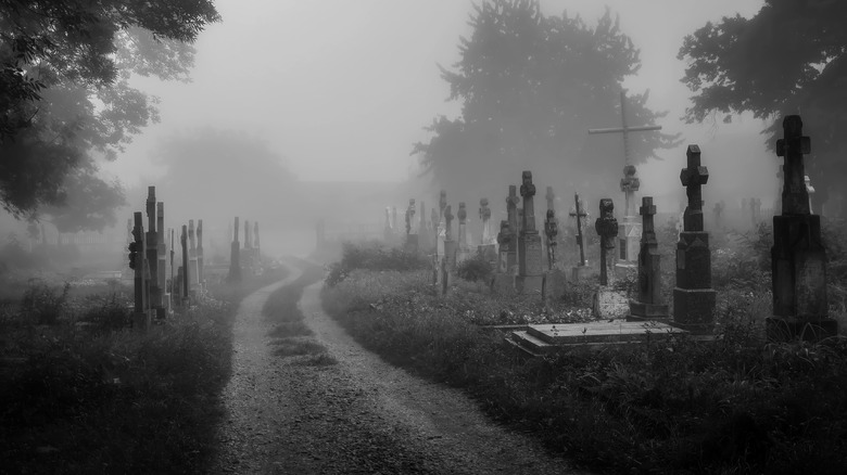 Dark ancient cemetery in the fog