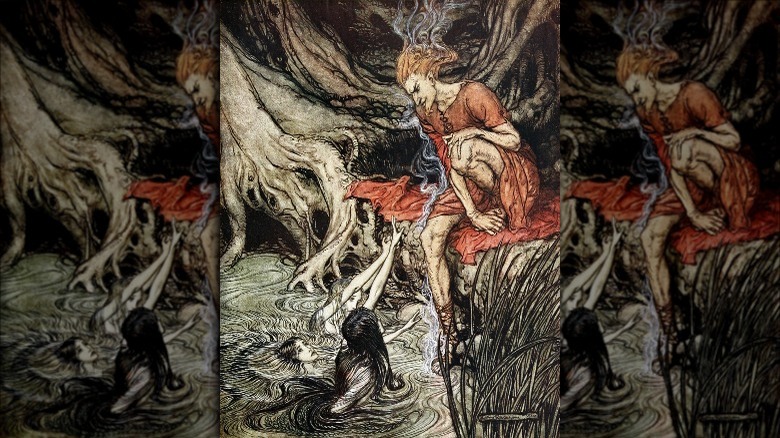 Loki and the Rhine maidens, Arthur Rackham, 1910