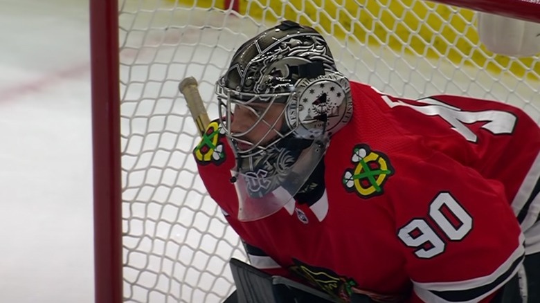 Scott Foster in net, Chicago Blackhawks