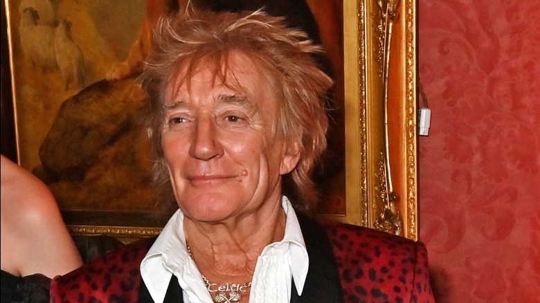 Rod Stewart smiling in red room