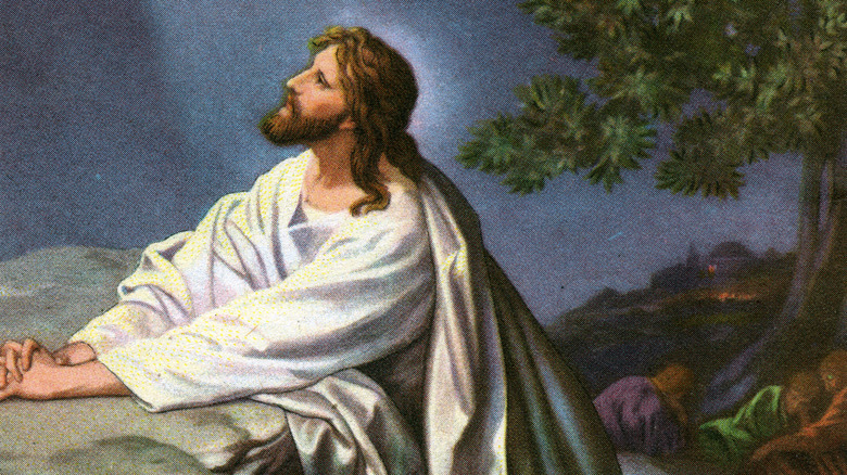 Jesus looks up from prayer