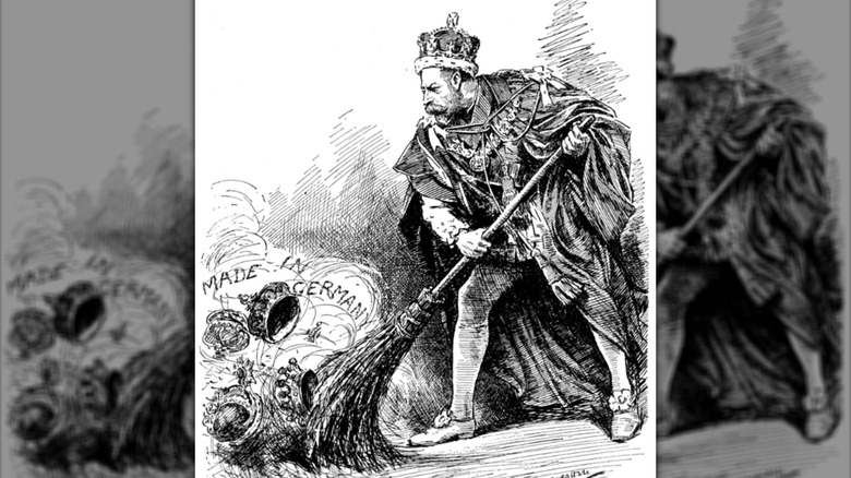 Political cartoon of George V abandoning German titles 