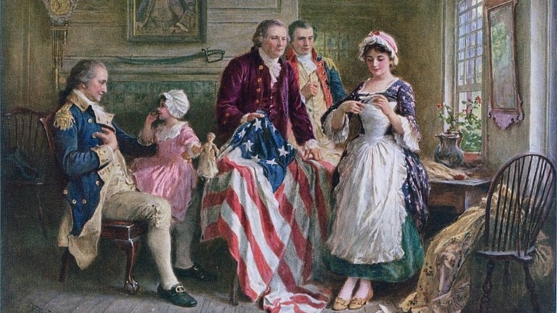 Illustration of Betsy Ross and American flag