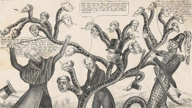 political cartoon of jackson slaying bank monster