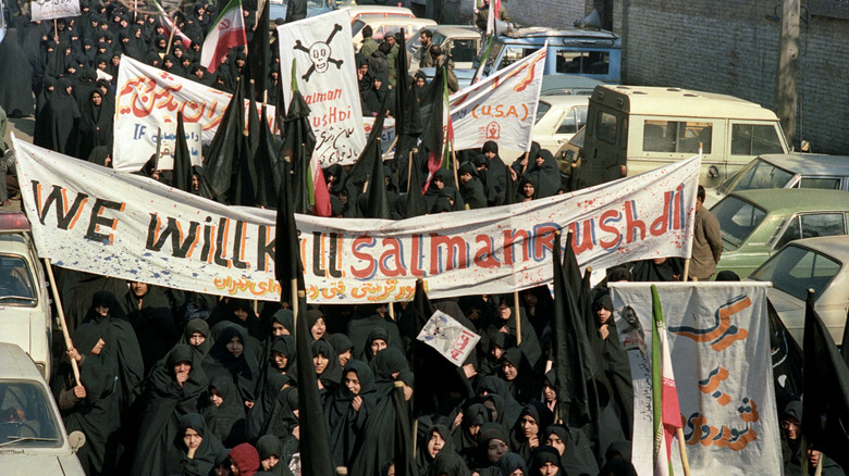 Tehran demonstrators protesting Satanic Verses 