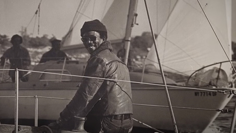 Morgan Freeman smiles on ship