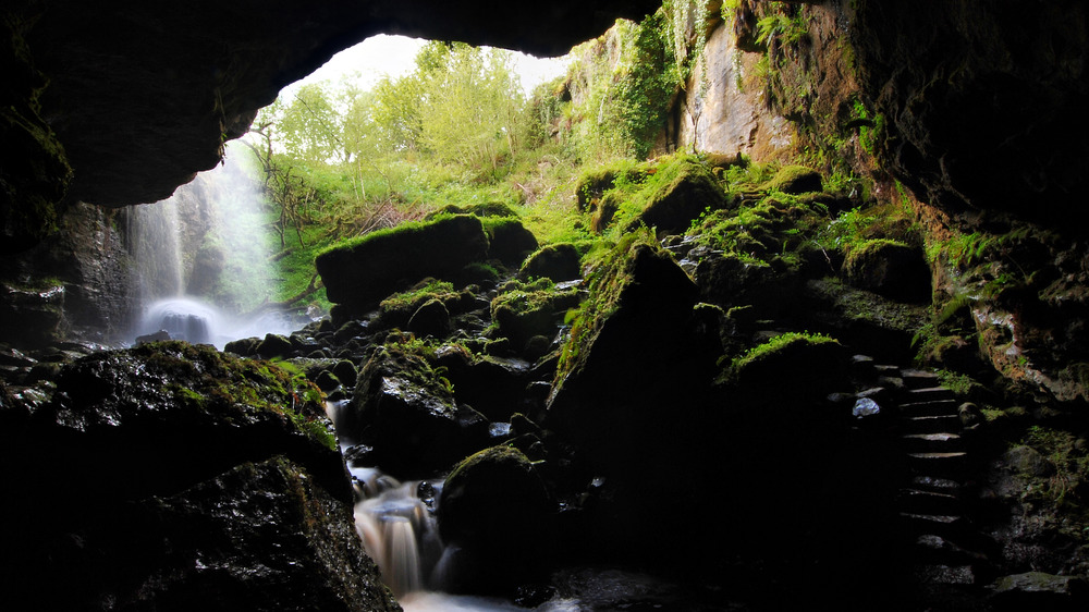 secret cave with waterfall and moss covered rocks