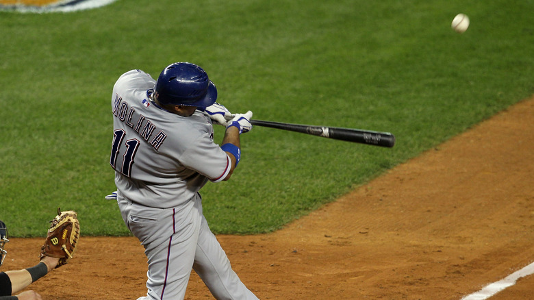 bengie molina hitting ball at bat