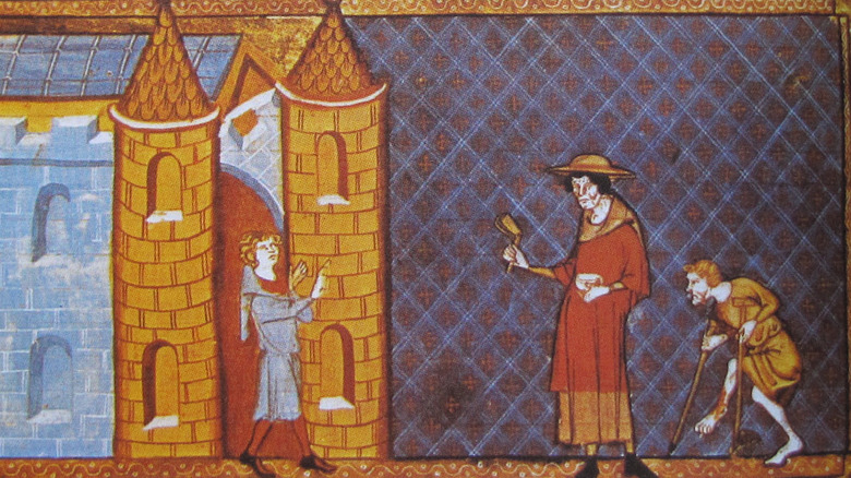 Medieval illustration of two lepers blocked from city entrance