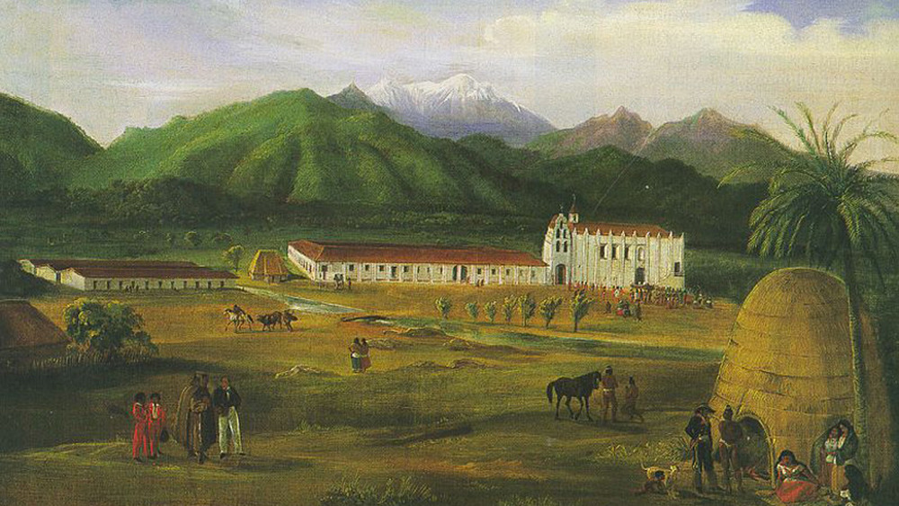 Painting of San Gabriel Mission with green hills