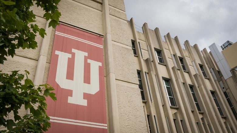 Indiana University campus building with banner