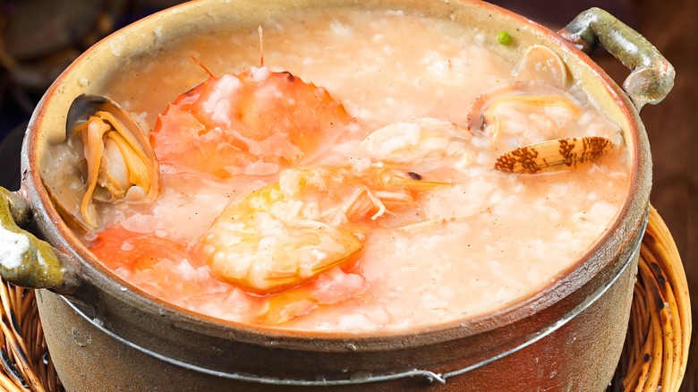 a pot of seafood porridge