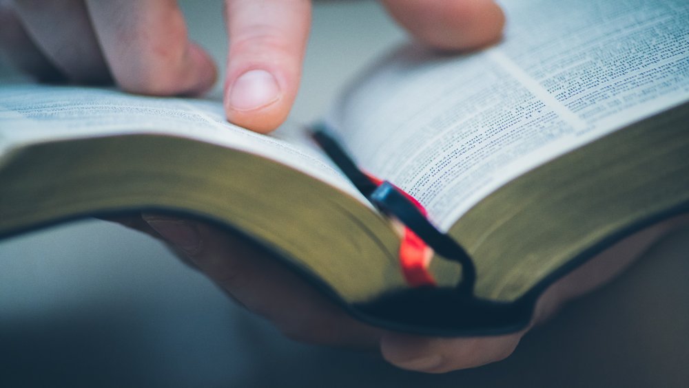 man's hand looking through Bible