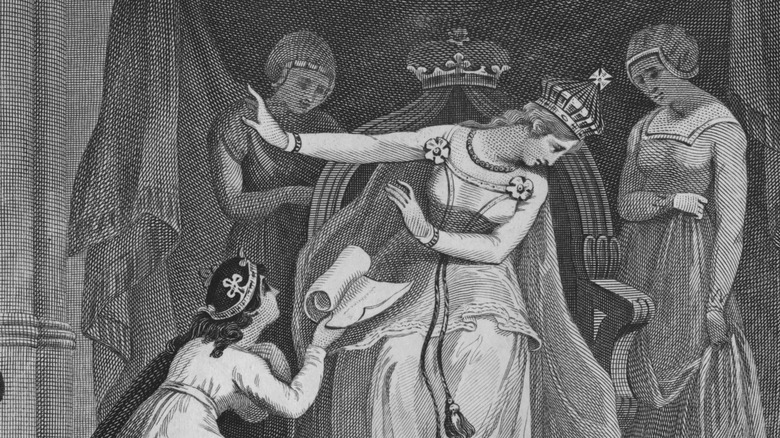In a fictitious scene, Queen Matilda petitions Empress Matilda for her husband's freedom