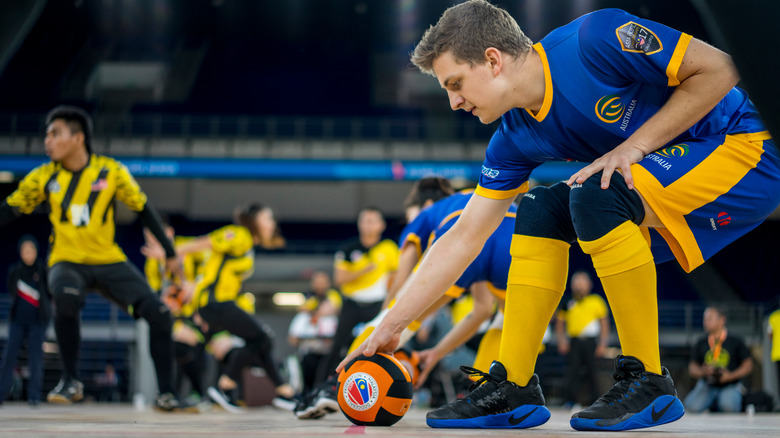 Dodgeball match player holding ball