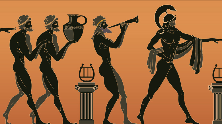 ark greek men carrying vases instruments