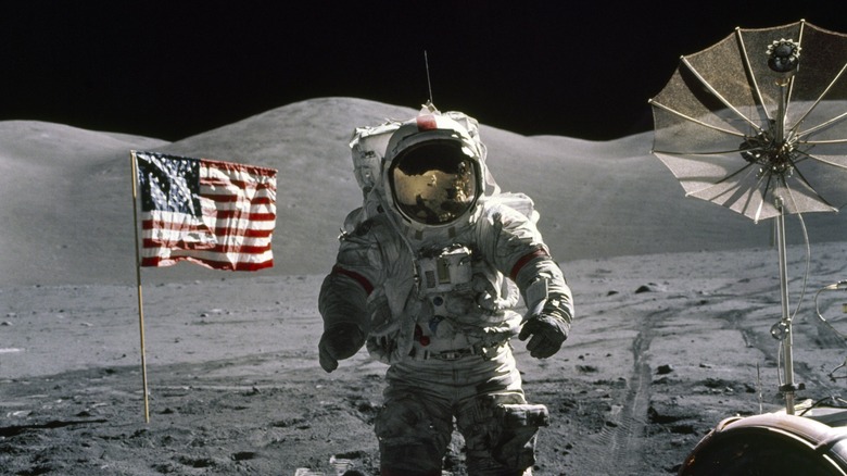 Eugene Cernan standing on the moon