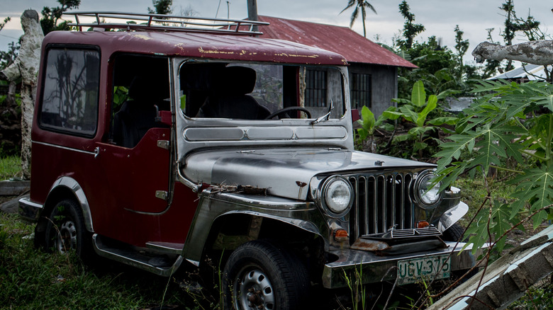 Broken windshield of jeep