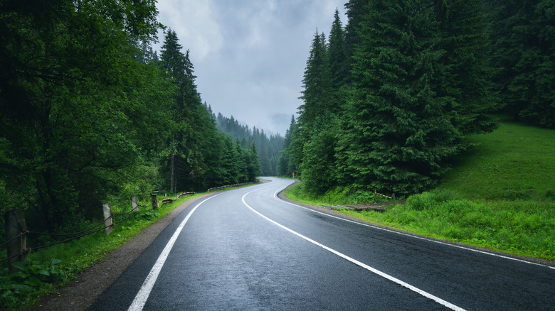 Rainy road with dark clouds above