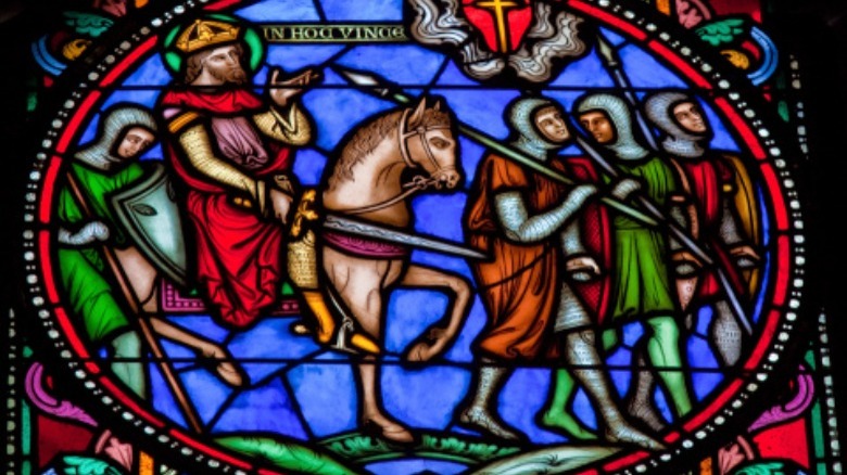 stained glass window portraying crusaders