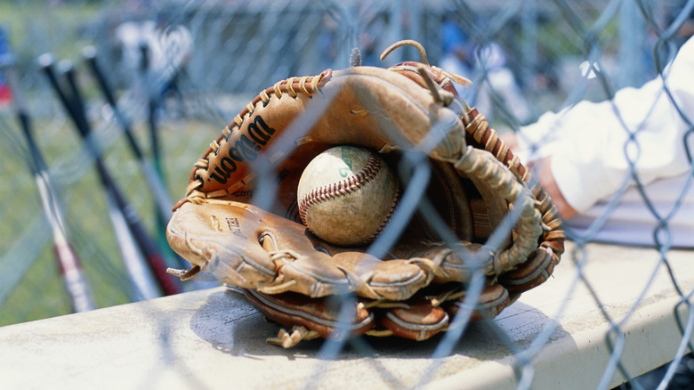 Baseball in glove behind fence
