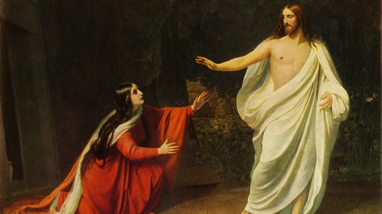 Mary Magdalene chasing Jesus artwork