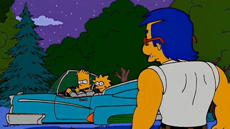 Bart and Lisa in a flying car looking back at Milhouse in The Simpsons