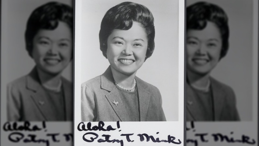 Portrait of Patsy Mink with a handwritten note 
