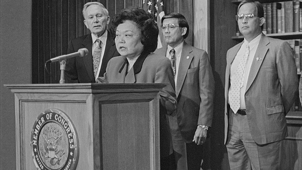 Patsy Mink speaking at podium