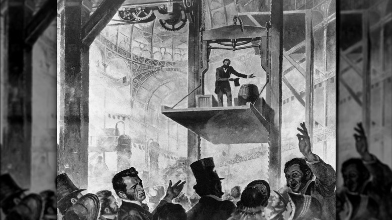 Elisha Otis demo of his free-fall prevention mechanism, Crystal Palace, 1854