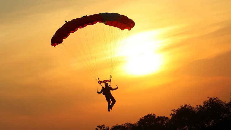 person skydiving at sunset