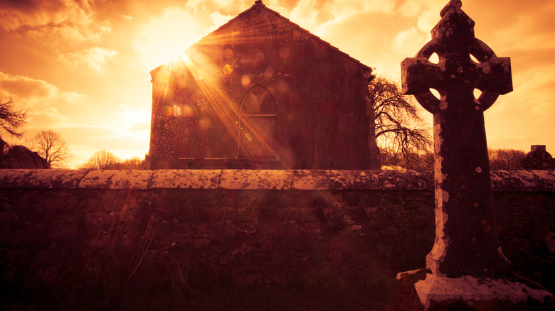 medieval church at sunset