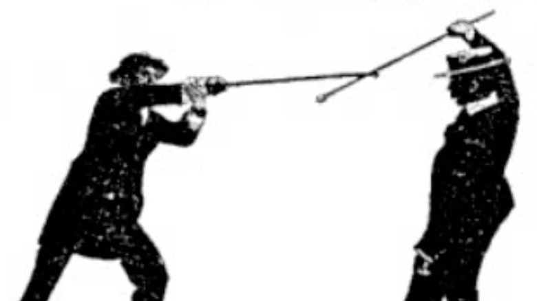 Drawing of two British men fighting with walking sticks