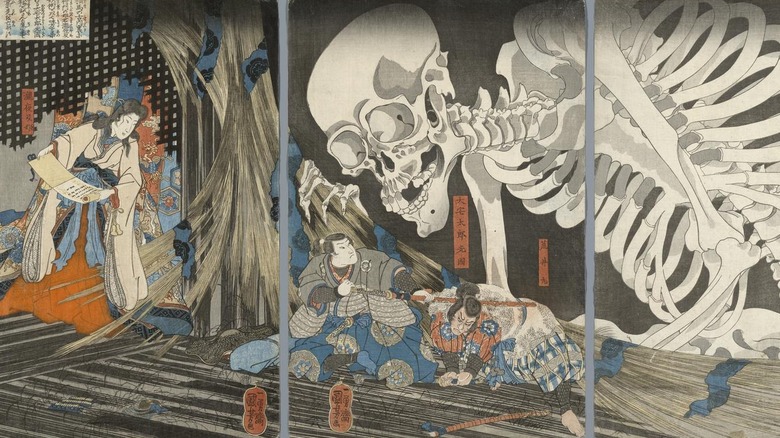 painting of giant skeleton and samurai