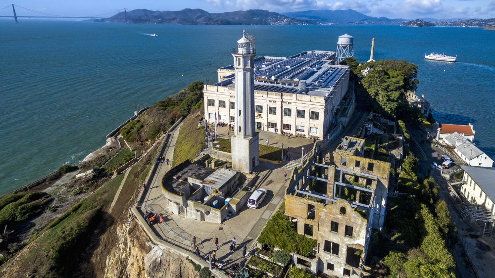 A present-day aerial shot of Alcatraz