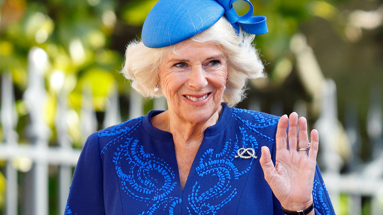 Camilla blue dress and hat smiling waving