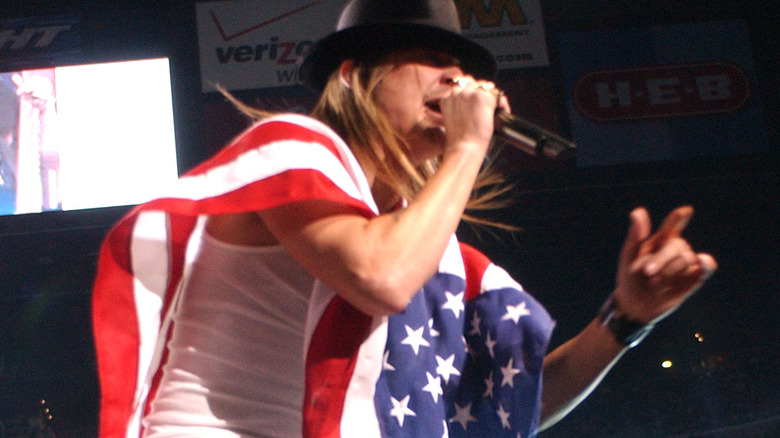 Kid Rock wearing a flag at the Super Bowl