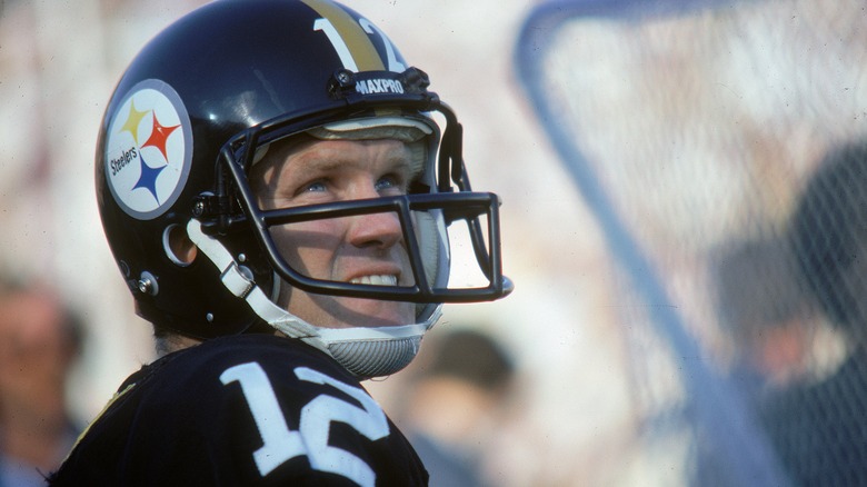 Terry Bradshaw in uniform Pittsburgh helmet