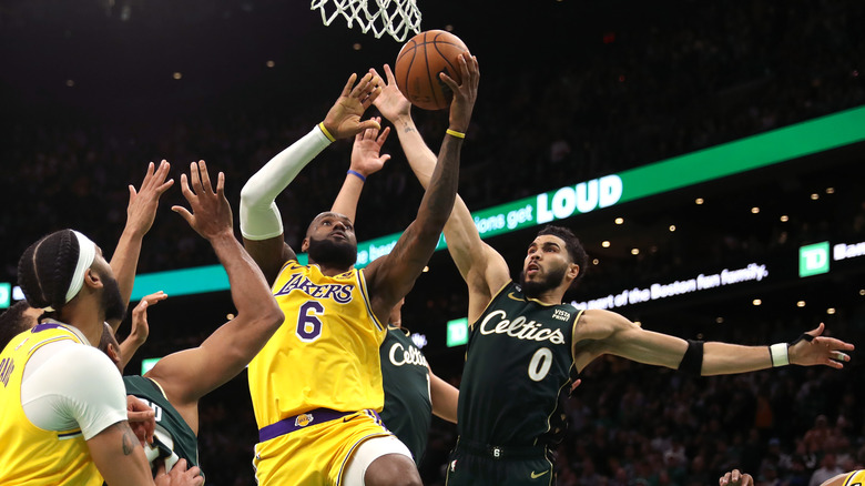 LeBron James shoots against Jayson Tatum