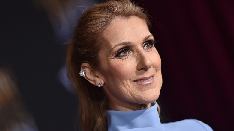 celine dion blue dress smiling wanly