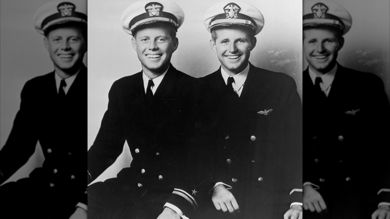 John F. Kennedy sitting next to Joe Kennedy Jr. in their military uniforms