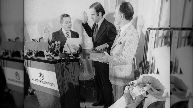 Joe Biden being sworn into the Senate from his sons' hospital room